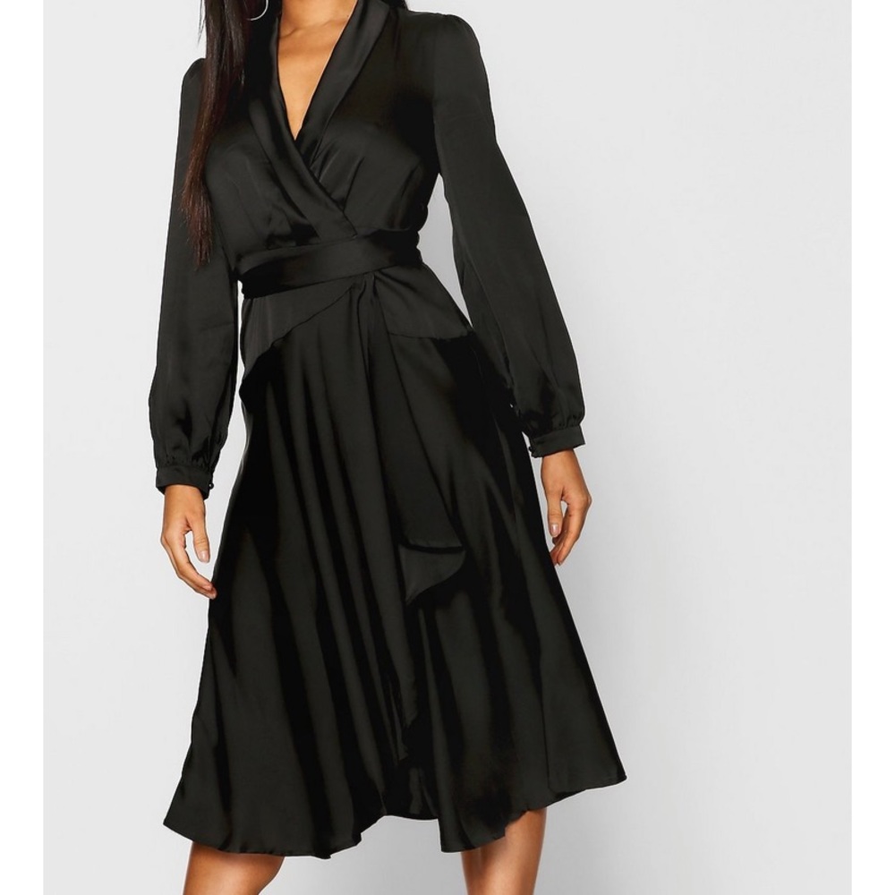 NWT black midi wrap skater dress